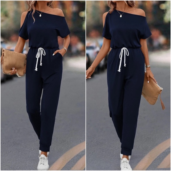 One Shoulder Cut out Pocket Drawstring Jumpsuit - Picture 5 of 6